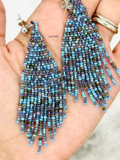Antique Blue Black Silver Stud Fringe Earrings