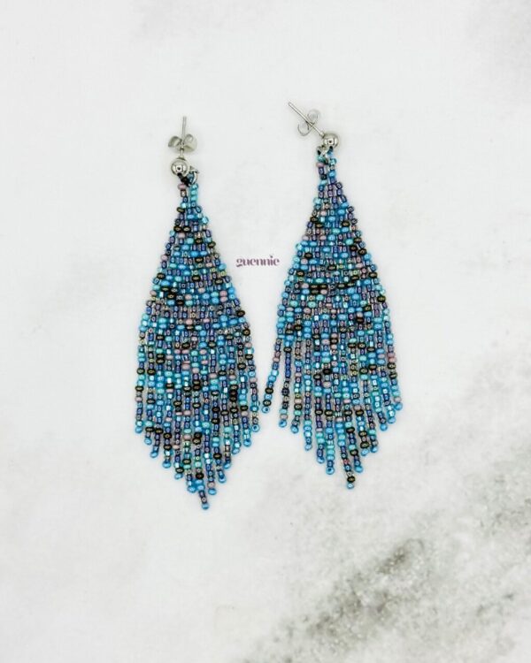 Antique Blue Black Silver Stud Fringe Earrings